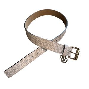 Michael Kors Belt White Printed Signature MK Logo Gold Buckle MK Charm Small L10